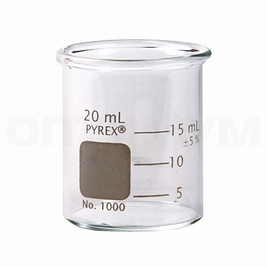 Стакан стеклянный, 20 мл, высота 40 мм, d 32 мм, низкий, двойная шкала, 48 шт, Pyrex (Corning)