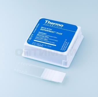 Стекло предметное, 25×75×1 мм, шлиф. кр. 90°, с адгезивным покрытием Superfrost Plus, белое поле для маркировки, 72 шт./уп., Thermo FS
