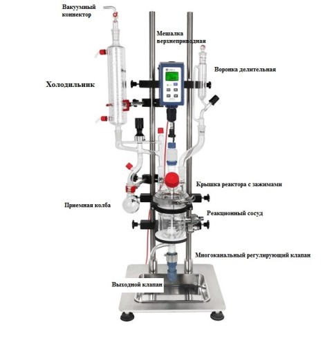 Реактор лабораторный, 200°С, 500 мл, все в одном, с рубашкой, верхнеприводной мешалкой OHS.2, c штативом, c многоканальным клапаном, BTG500, Wiggens