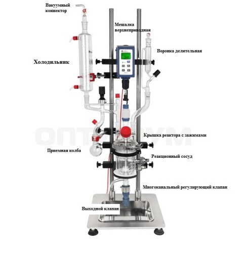 Реактор лабораторный, 200°С, 2000 мл, все в одном, с рубашкой, верхнеприводной мешалкой OHS.4, c штативом, c многоканальным клапаном, BTG2000, Wiggens