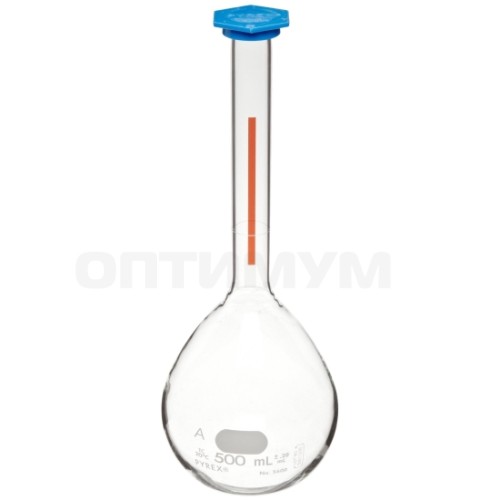 Колба мерная, 500 мл, d100мм, класс А, колпачок, Lifetime Red, 6шт./уп., 12шт./кор., Pyrex (Corning)