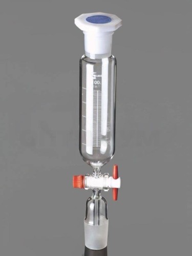 Воронка делительная, цилиндрическая, шлиф 14/23, запорный кран из PTFE, с раструбом и конусом, пробка ПП, 1 шт./уп., Glassco