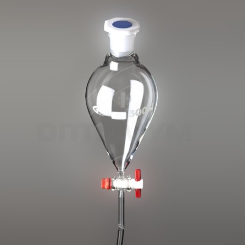 Воронка делительная, грушевидная, шлиф 19/26, запорный кран из PTFE, пробка ПП, Glassco