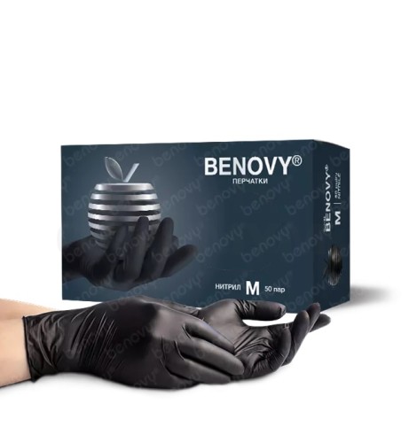 Перчатки нитриловые, длина 24 см, черные, Benovy, 50 пар/уп., Китай